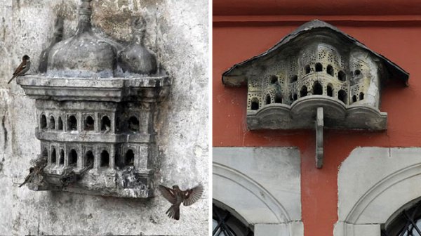 Домики для птиц были не простыми бетонными конструкциями, а многоэтажными мини-дворцами с колоннами и резными балконами. 