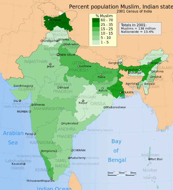 Мусульманское население Индии в процентном соотношении. (Источник фото: wikipedia.org)