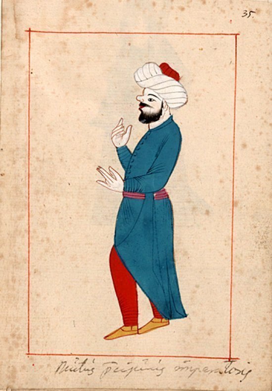 Слуга при османском дворе. Вероятно изображен во время использования языка жестов. XVII век. Источник wikipedia.org