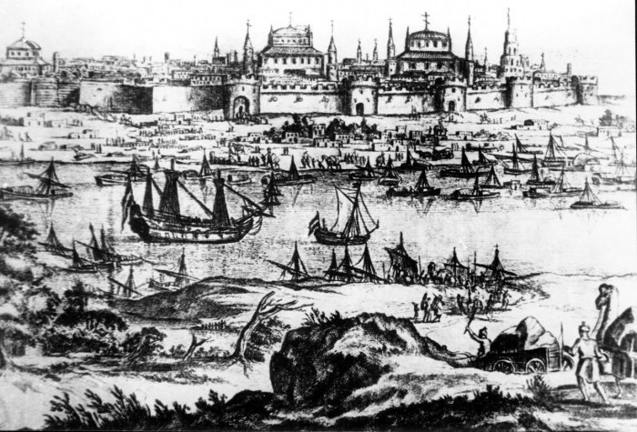  Вид Астрахани с Волги. Гравюра, 1676 (Фото: astinform.ru).